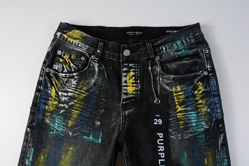 PURPLE Men Streetwear Skinny Jeans Black Wash with Colorful Graffiti Paint Splash 9078