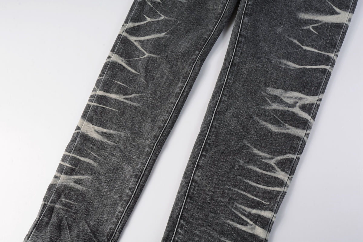 PURPLE Men Streetwear Skinny Jeans Dark Gray Wash with White Marbled Texture 9056