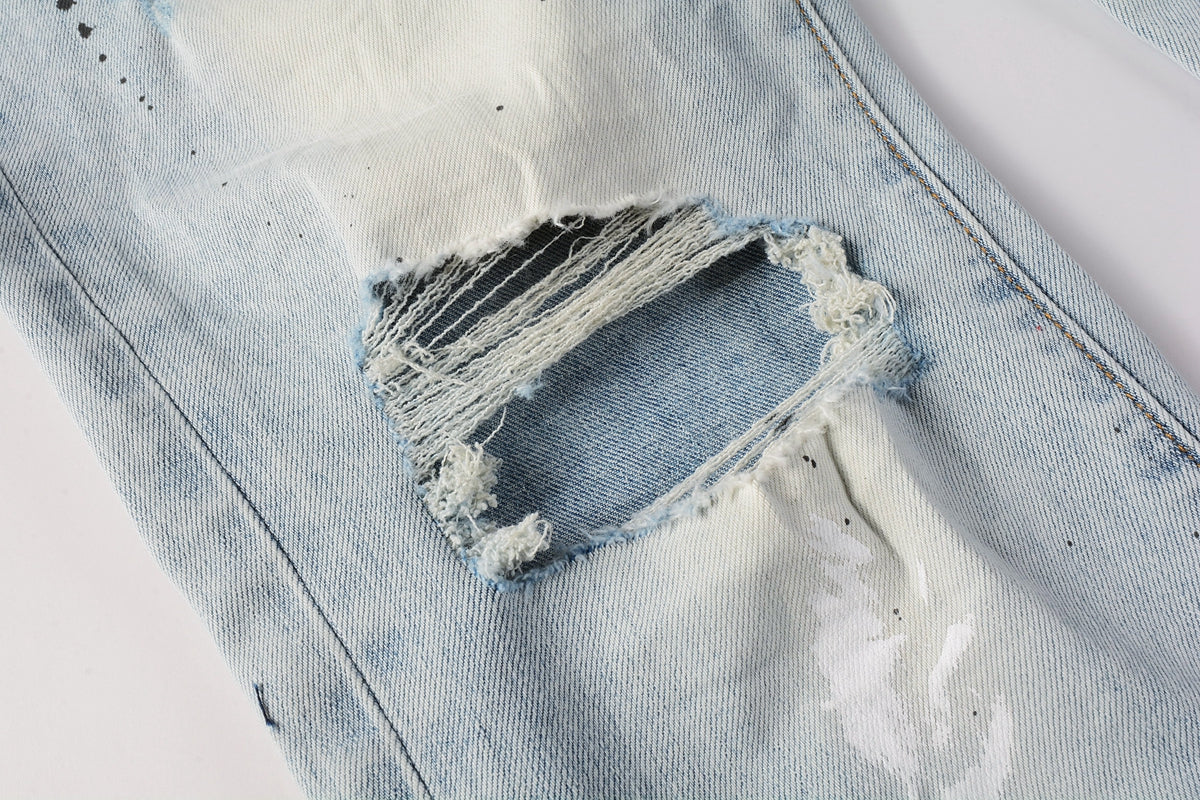 PURPLE Men Streetwear Skinny Jeans Light Blue Wash with White Paint Splatter and Subtle Distress 9006
