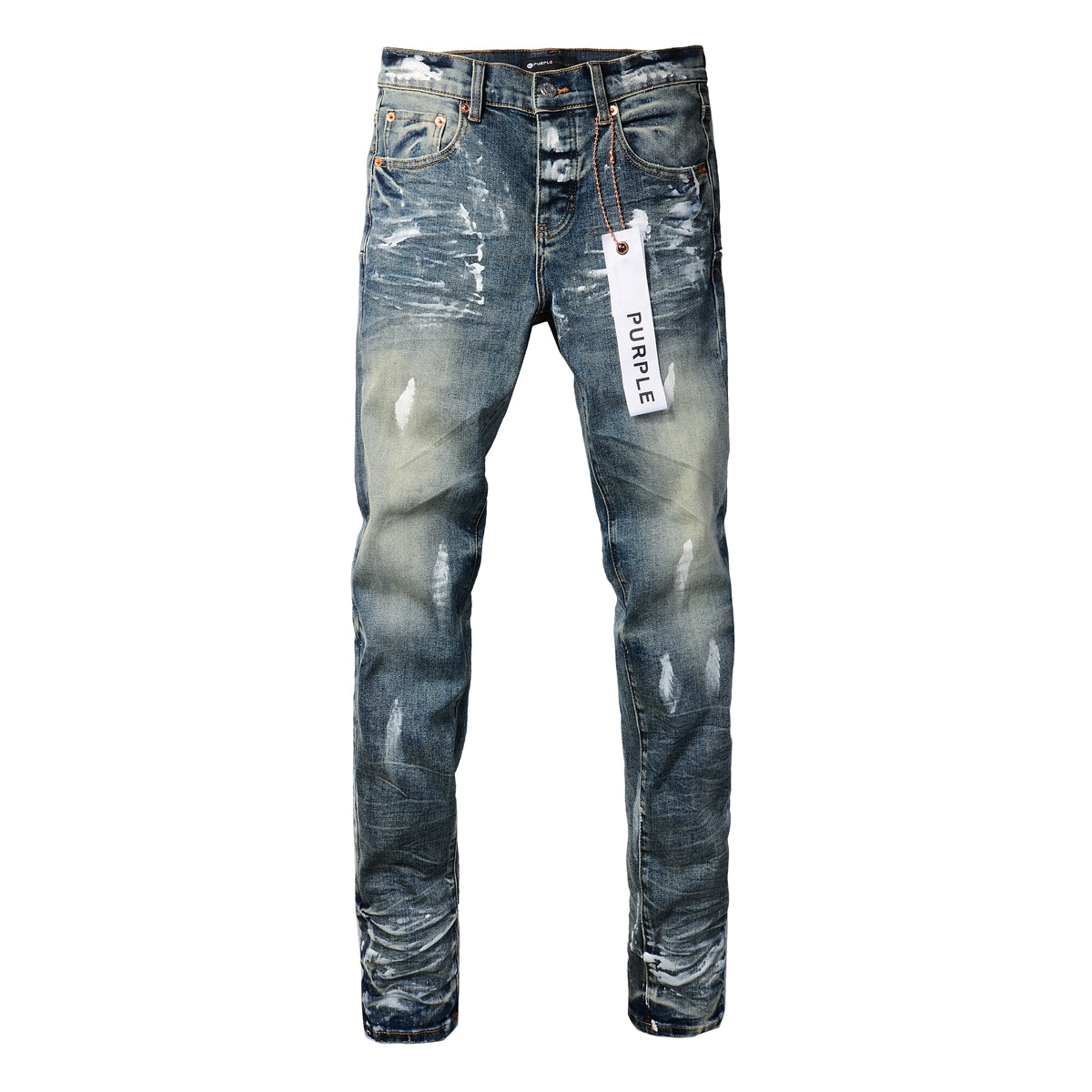 PURPLE Men Streetwear Skinny Jeans Light Blue Wash with White Paint Brush Strokes 9060