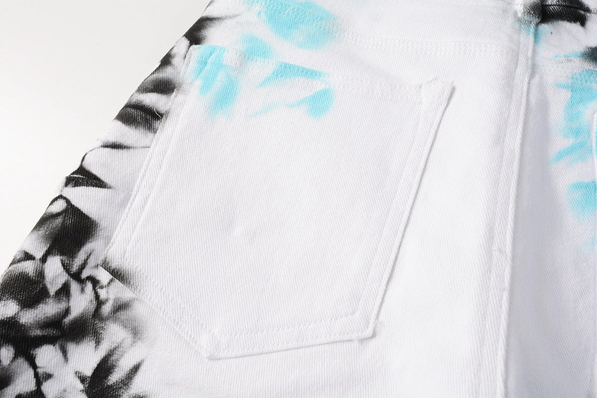 PURPLE Men Streetwear Denim Shorts White Wash with Blue - Black Ink Floral Print and Raw Hem 5065