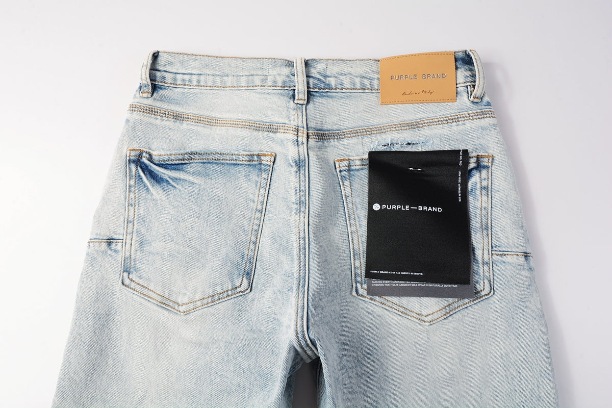 PURPLE Men Streetwear Denim Shorts Light Blue Wash with Leopard Print Patched Rips 5087