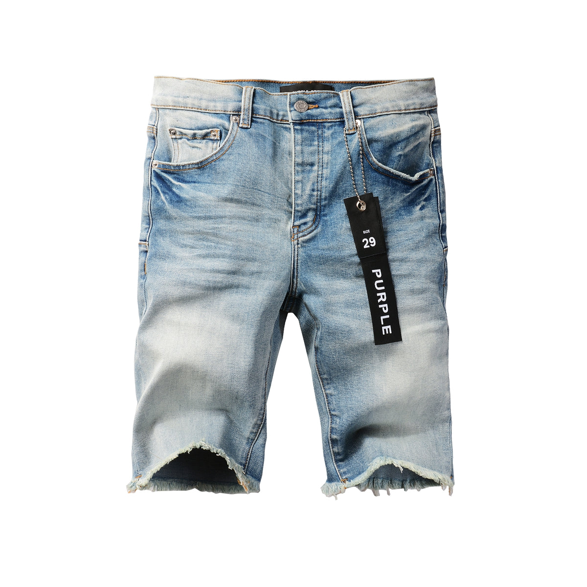 PURPLE Men Streetwear Denim Shorts Light Blue Wash with Raw Hem and Vintage Finish 5016