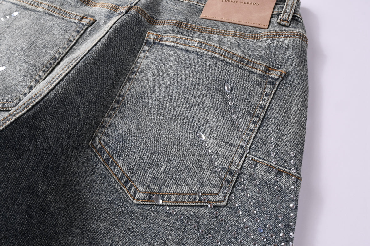 PURPLE Men Streetwear Light Blue Denim Shorts with Radial White Rhinestone Designs 5093