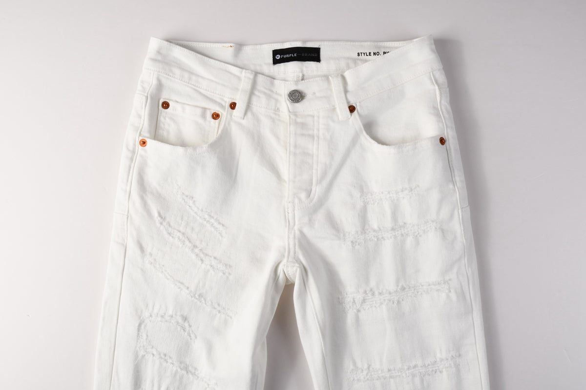 PURPLE Men Classic Streetwear Skinny Jeans Solid White with Subtle Distressed Details PU9118