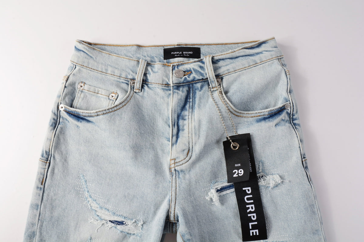 PURPLE Men Streetwear Denim Shorts Light Blue Wash with Distressed Rips and Raw Hem 5088