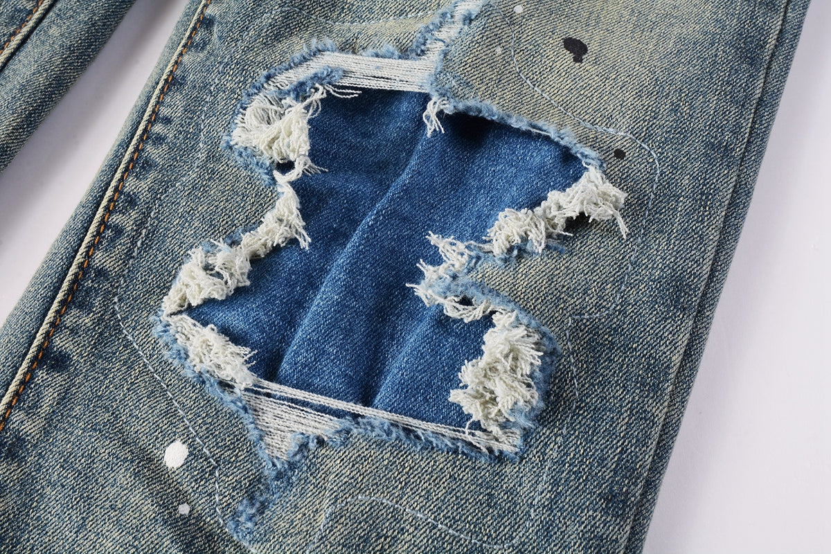 PURPLE Men Streetwear Skinny Jeans Light Blue Wash with Blue Patched Rips and White Paint Splatter 9050-1