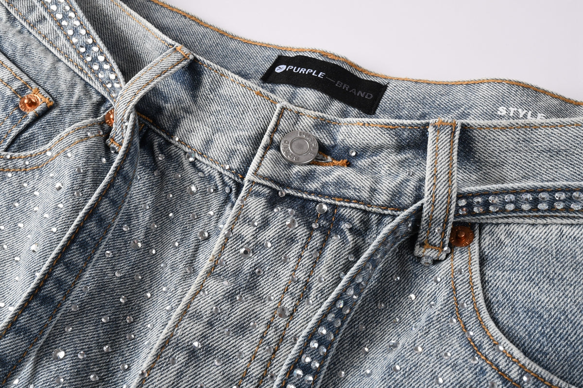 PURPLE Men Streetwear Straight Denim Shorts Grey Wash with Rhinestone Speckles and Seam Accents 5096