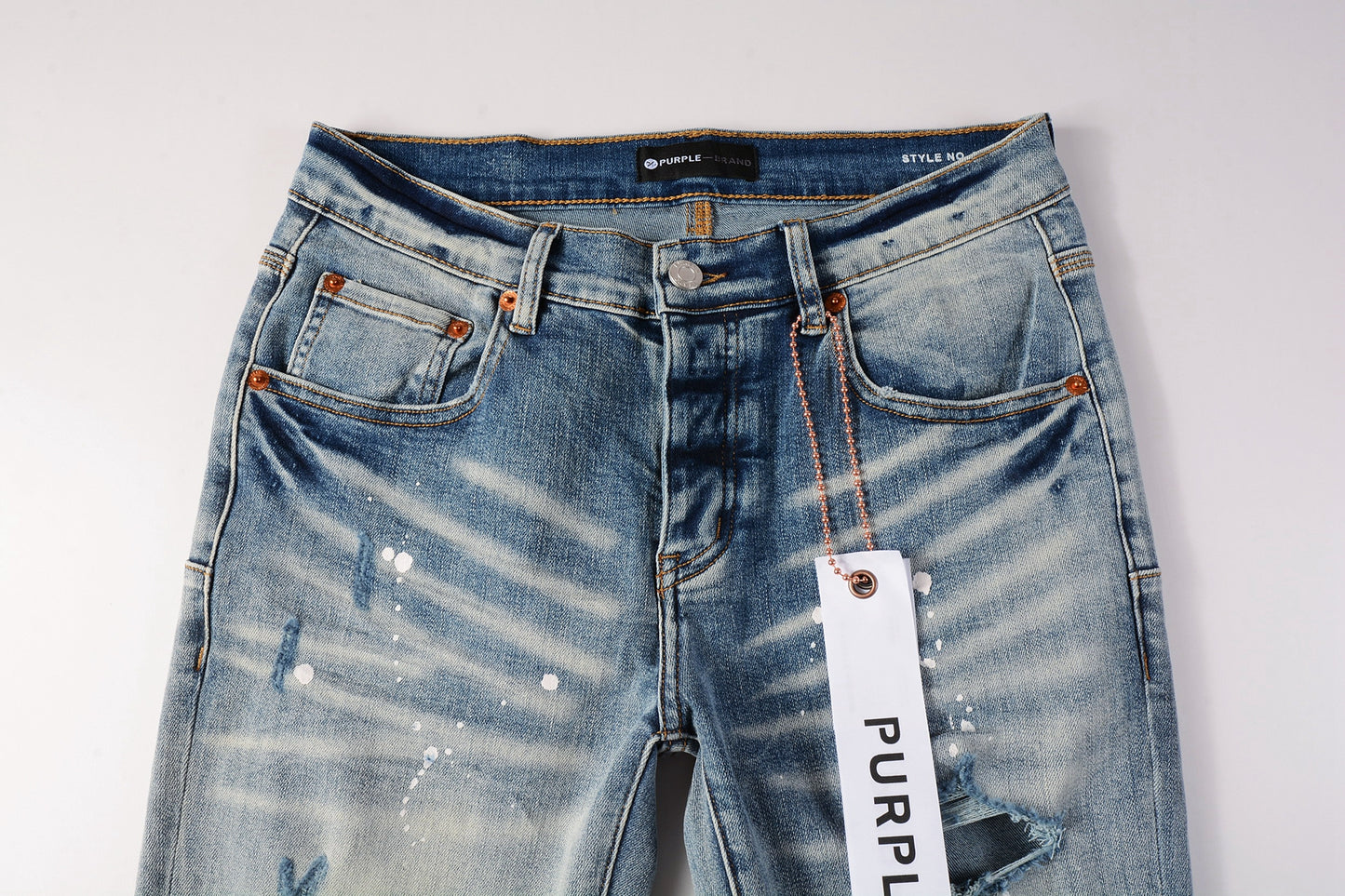 PURPLE Men Streetwear Skinny Jeans Light Blue Wash with Heavy Distressed Rips and White Paint Splatter 9003