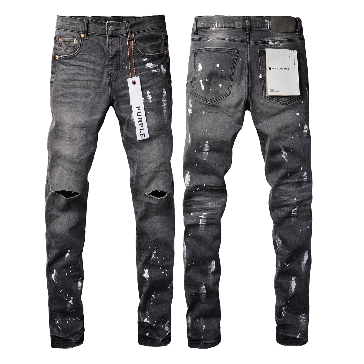 PURPLE Men Streetwear Skinny Jeans Dark Gray Wash with Knee Rips and White Paint Splatter 9039
