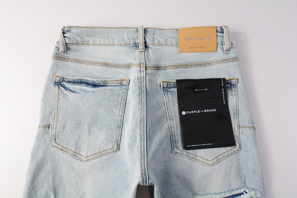 PURPLE Men Streetwear Denim Shorts Light Blue Wash with Distressed Rips and Raw Hem 5088