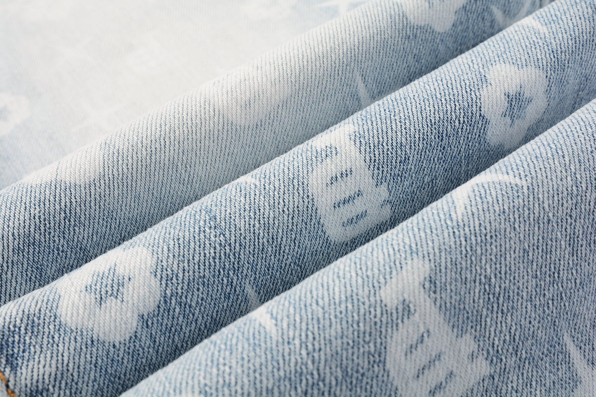 PURPLE Men Streetwear Skinny Jeans Light Blue Wash with All - Over Pattern Print 9089