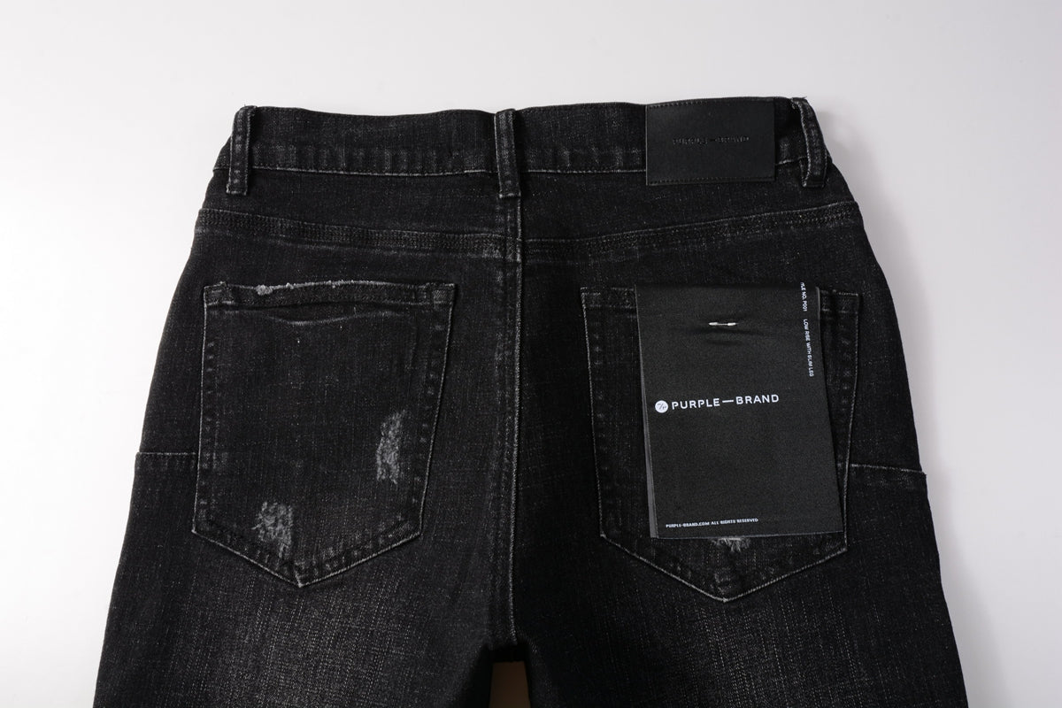 PURPLE Men Streetwear Denim Shorts Black Wash with Distressed Rips and Raw Hem 5083
