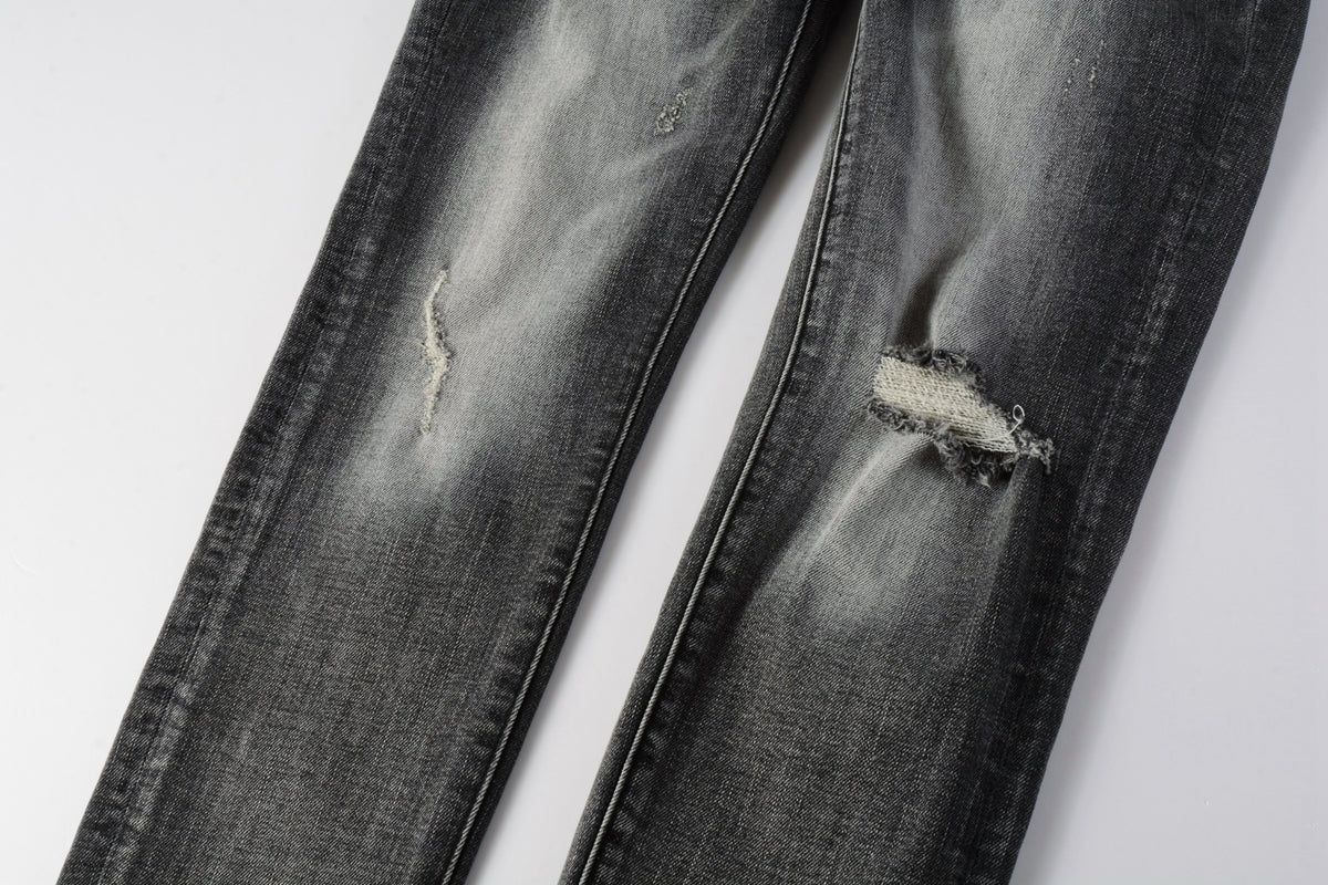 PURPLE Men Classic Streetwear Jeans Distressed Grey Ripped skinny Fit 9103