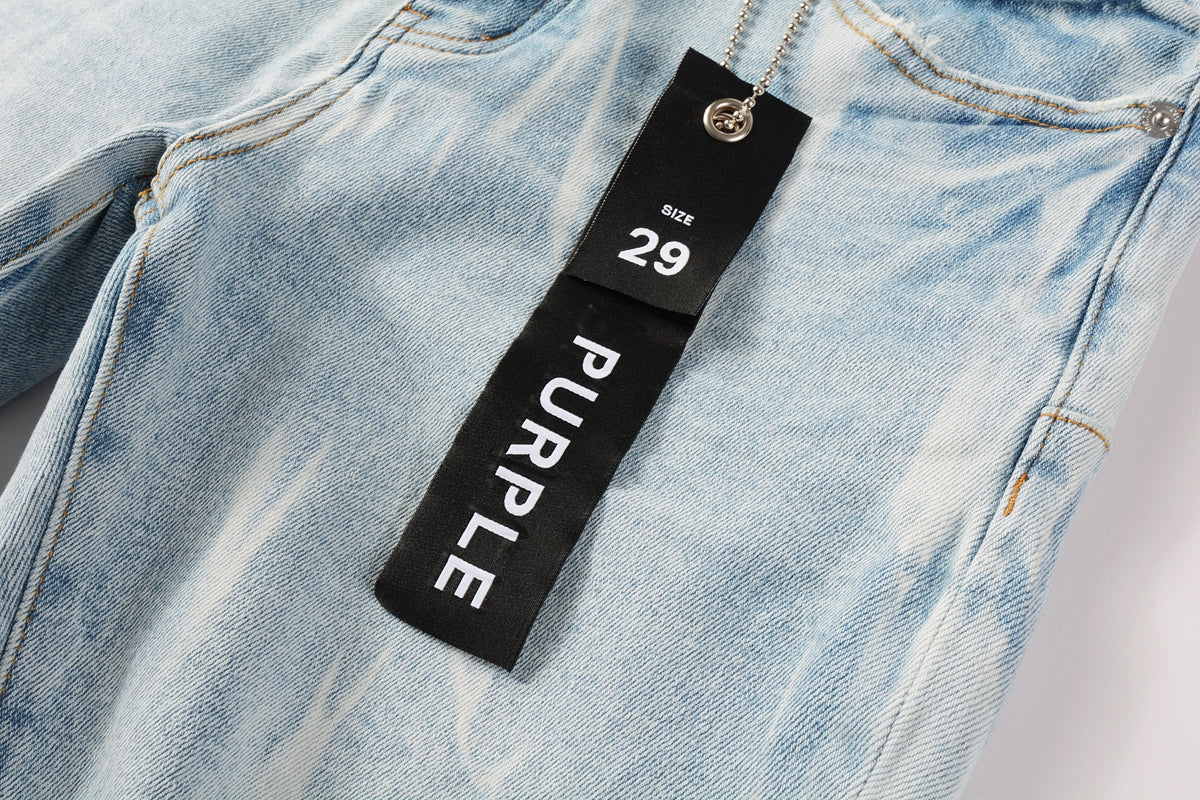 PURPLE Men Streetwear Denim Shorts Light Blue Wash with White Distressed Patches and Raw Hem 5069