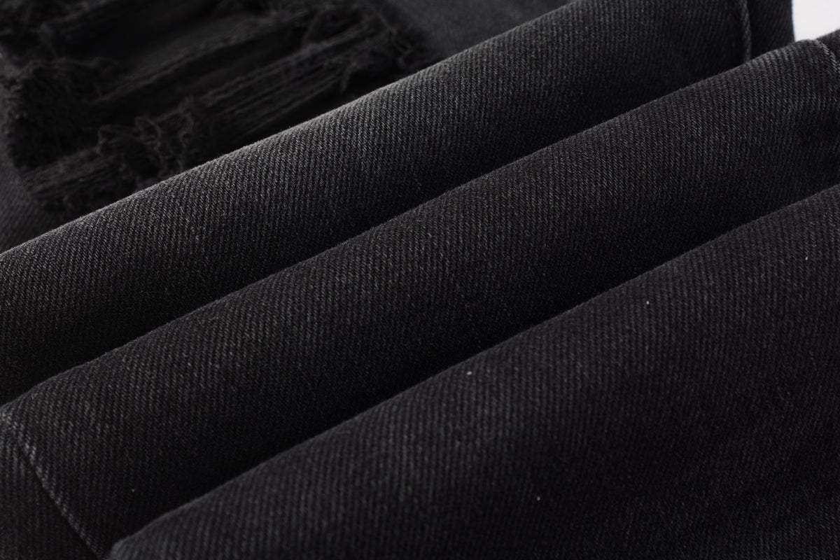 PURPLE Men Streetwear Skinny Jeans Black Wash with Knee Ripped Details 9029