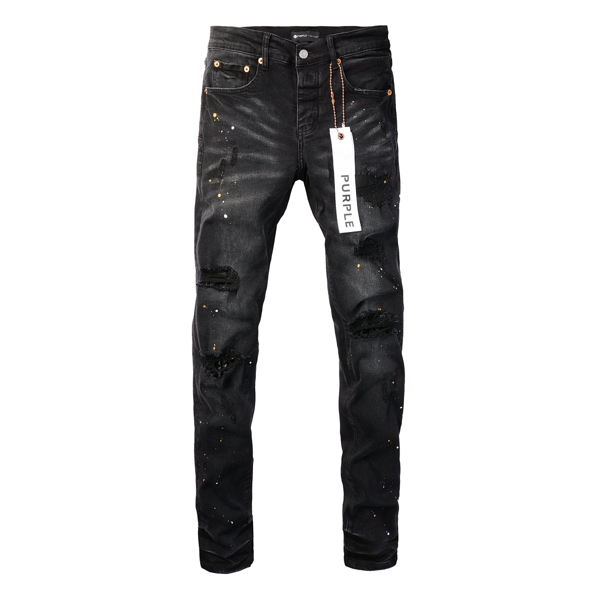 PURPLE Mens Jeans - Distressed Black Denim with Knee Slit and Ripped Hole 9045