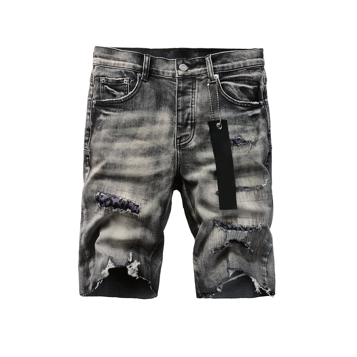 PURPLE Men Streetwear Denim Shorts Grey Black Wash with Leopard Print Ripped Details and Raw Hem 5068