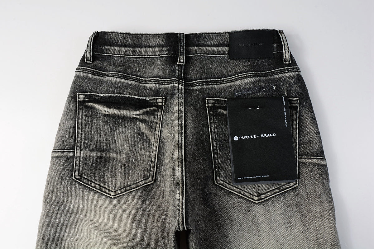 PURPLE Men Streetwear Denim Shorts Grey Black Wash with Leopard Print Ripped Details and Raw Hem 5068