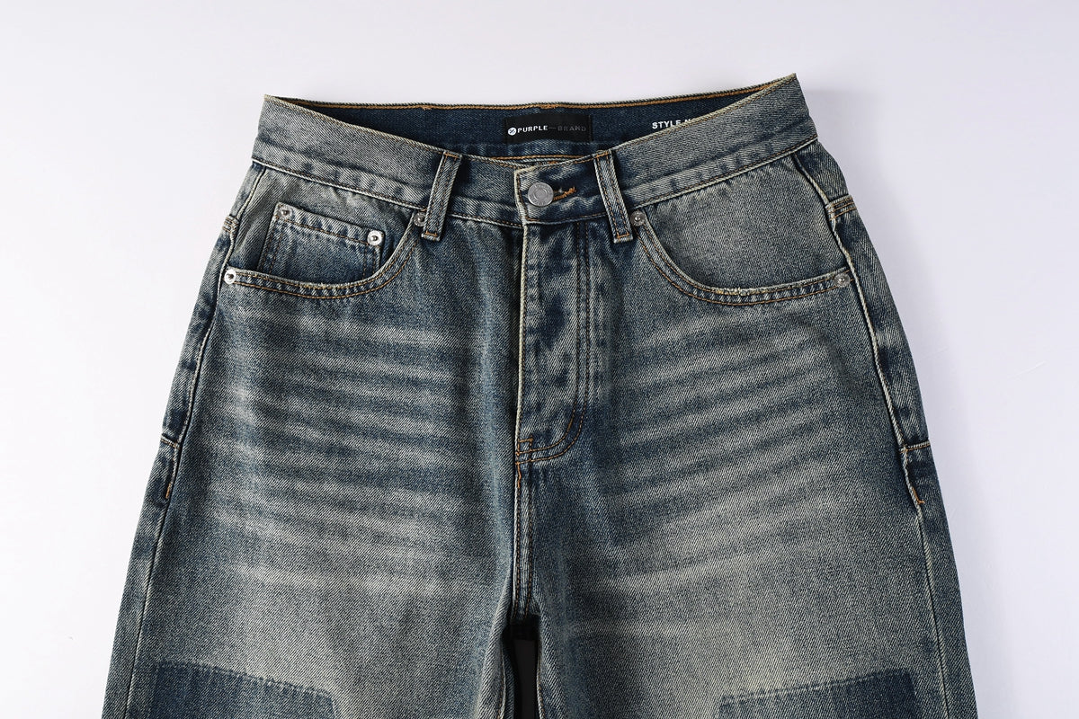 PURPLE Men Vintage Streetwear Straight Jeans Blue Washed with Whisker Fade and Contrast Panels PU9120