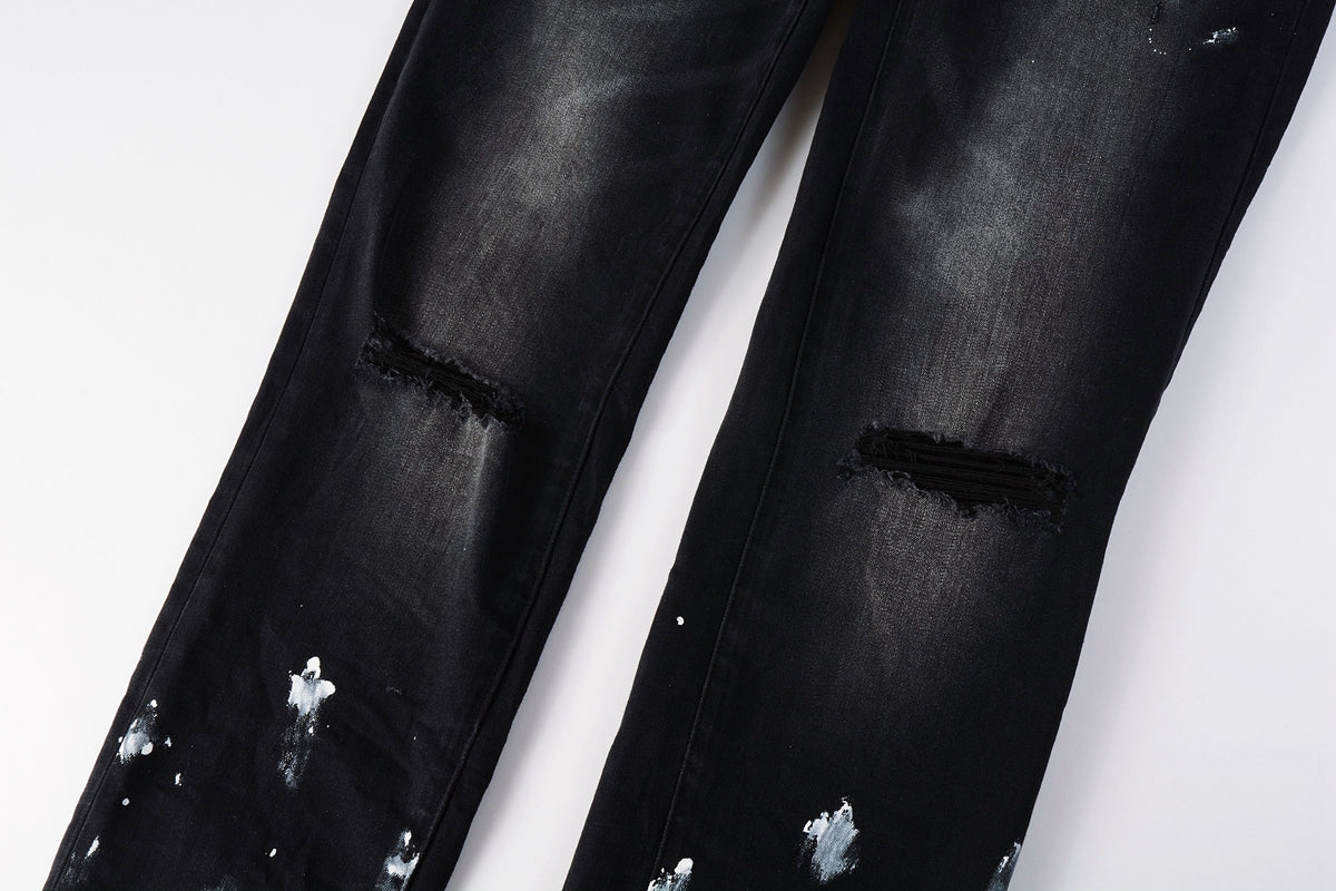 PURPLE Men Streetwear Skinny Jeans Black Fade Wash with White Paint Splatter and Distressed Rips 9002