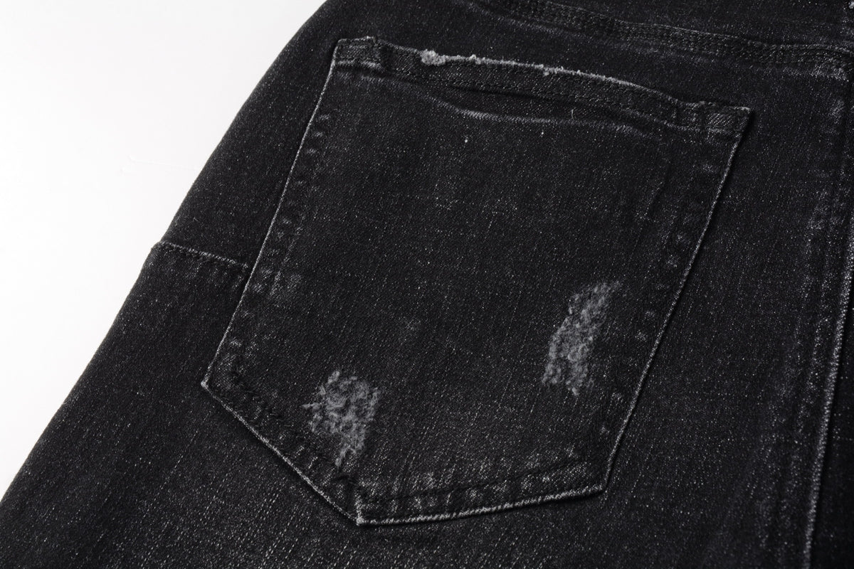PURPLE Men Streetwear Denim Shorts Black Wash with Distressed Rips and Raw Hem 5083