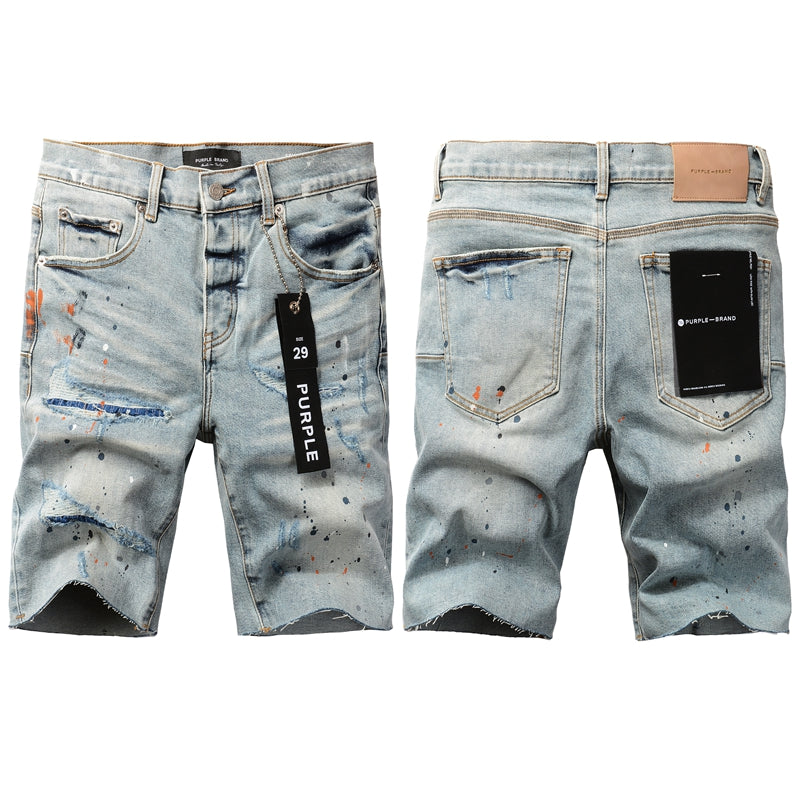 PURPLE Men Streetwear Denim Shorts Light Blue Wash with Colorful Paint Splashes and Distressed Raw Hem 5071