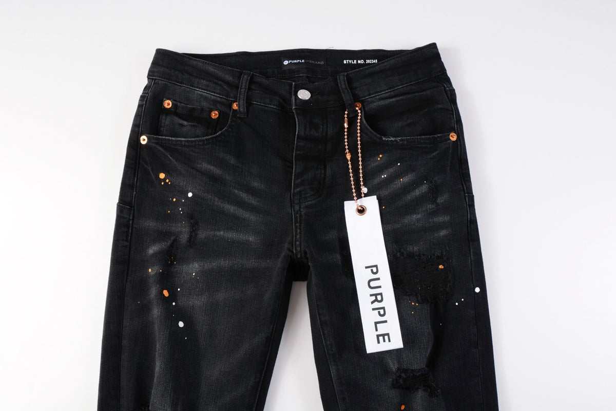 PURPLE Mens Jeans - Distressed Black Denim with Knee Slit and Ripped Hole 9045