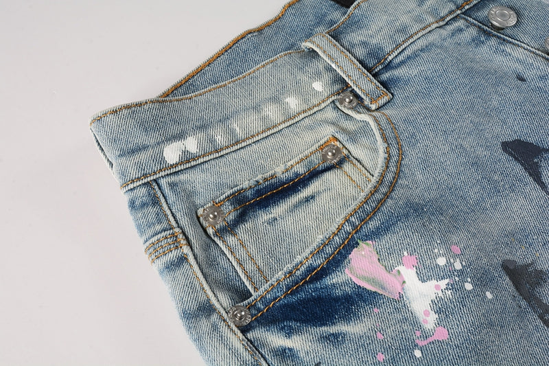 PURPLE Men Streetwear Denim Shorts Light Blue Wash with Colorful Paint Splashes and Distressed Raw Hem 5066