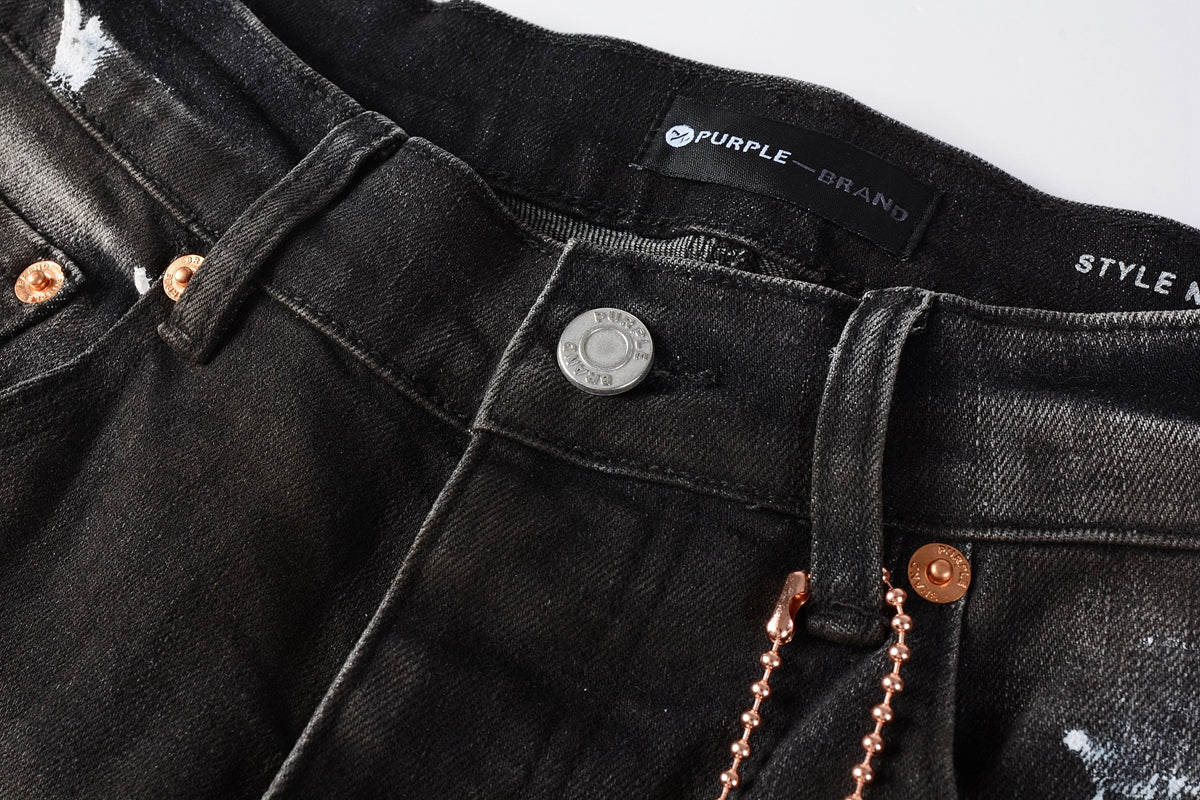PURPLE Men Streetwear Skinny Jeans Dark Gray Wash with White Paint Splatter and Distressed Rips 9030