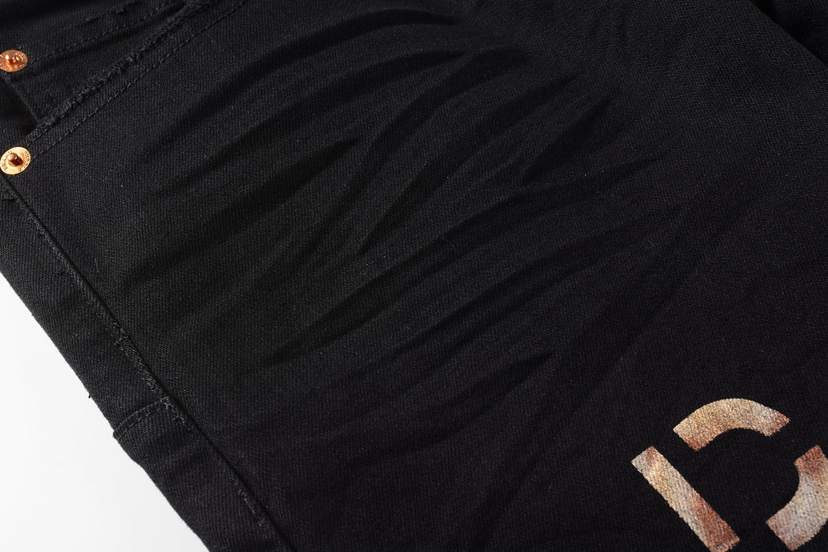 PURPLE Men Streetwear Skinny Jeans Black Wash with All-Over Metallic Gold "P" Print 9008