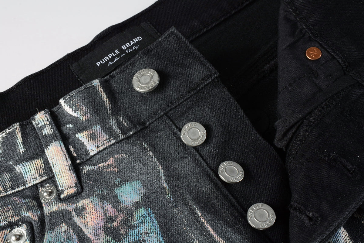 PURPLE Men Streetwear Denim Shorts Black Wash with Holographic Reflective Finish and Raw Hem 5028