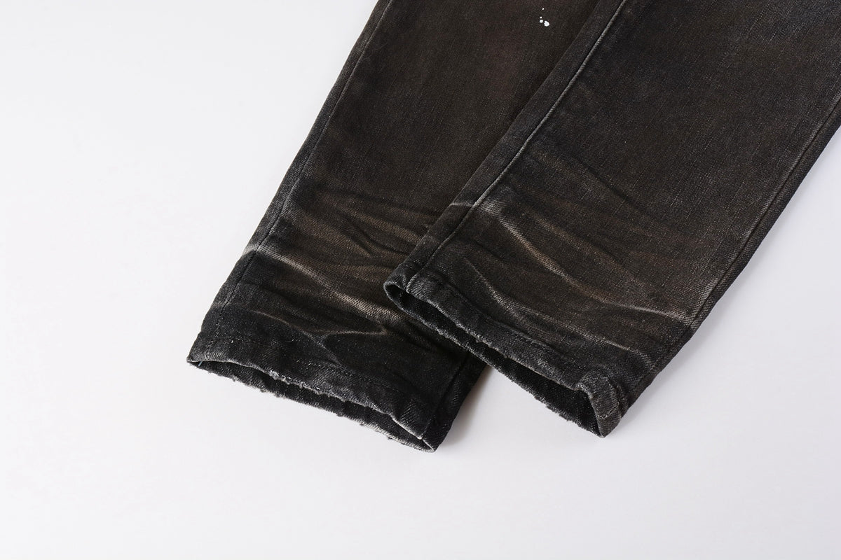 PURPLE Men Streetwear Skinny Jeans Dark Gray Wash with White Paint Splatter and Distressed Rips 9030