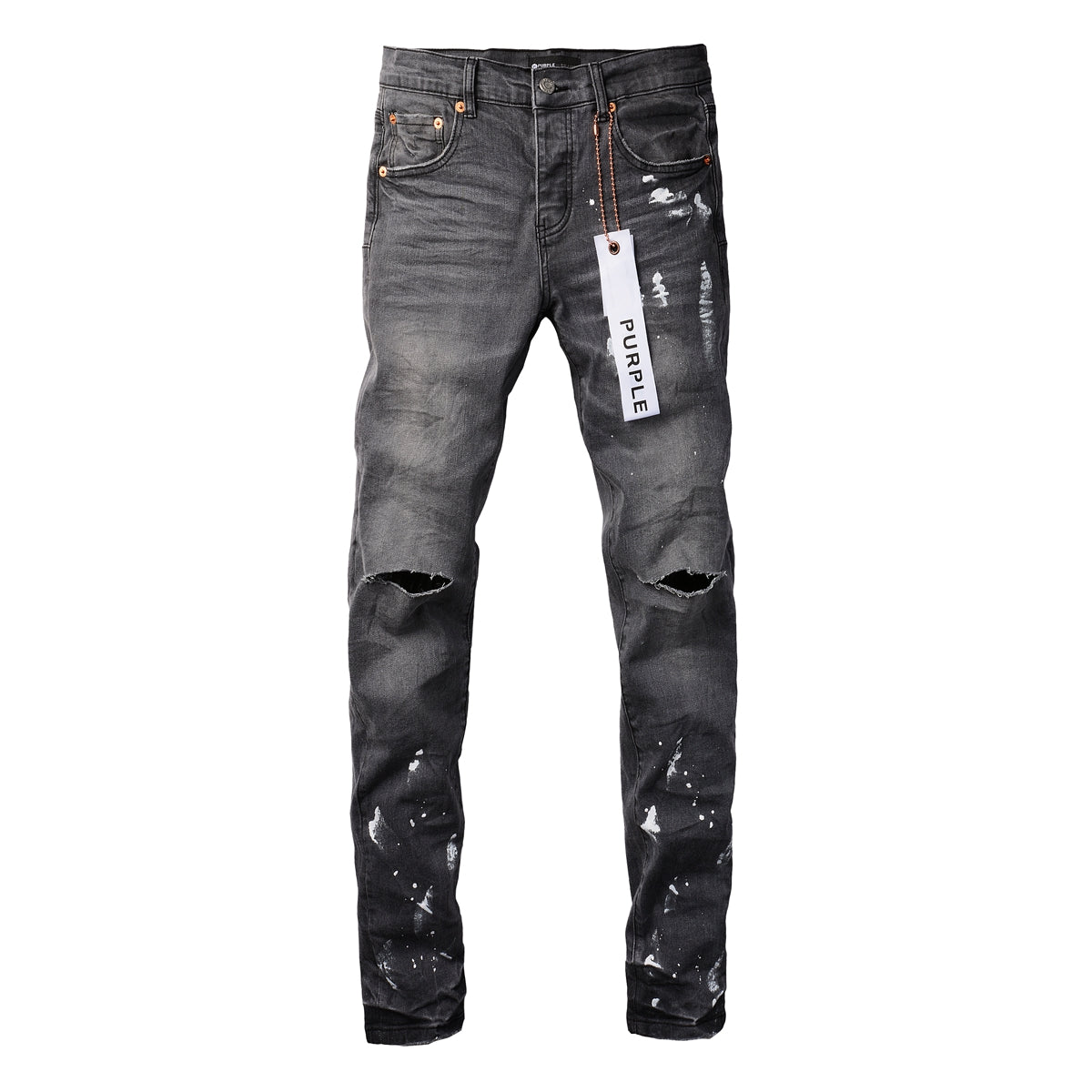 PURPLE Men Streetwear Skinny Jeans Dark Gray Wash with Knee Rips and White Paint Splatter 9039