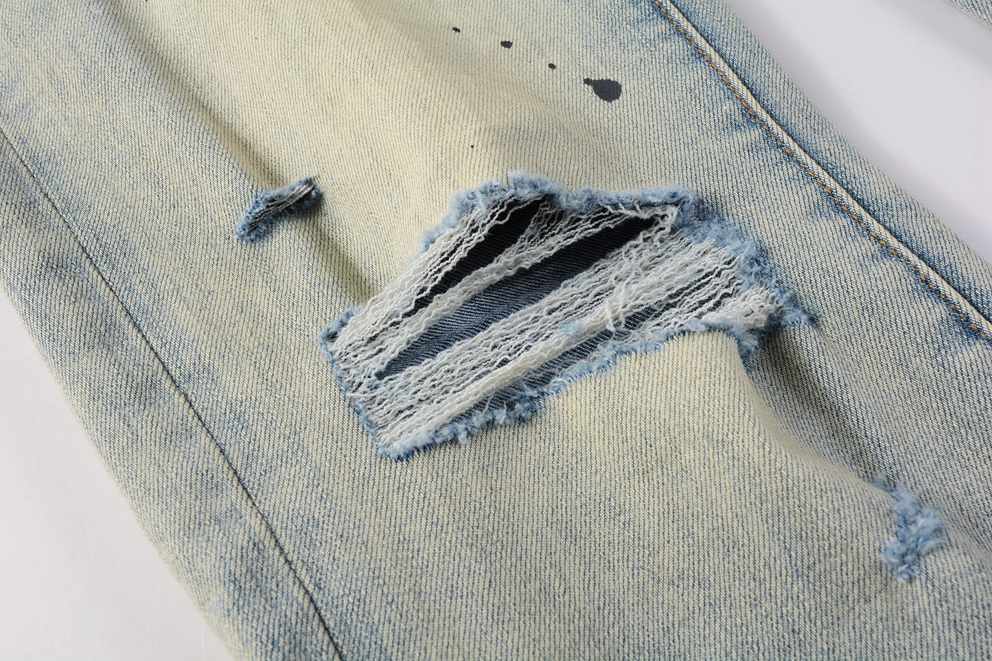 PURPLE Men Streetwear Skinny Jeans Light Blue Wash with White Paint Splatter and Distressed Rips 9007