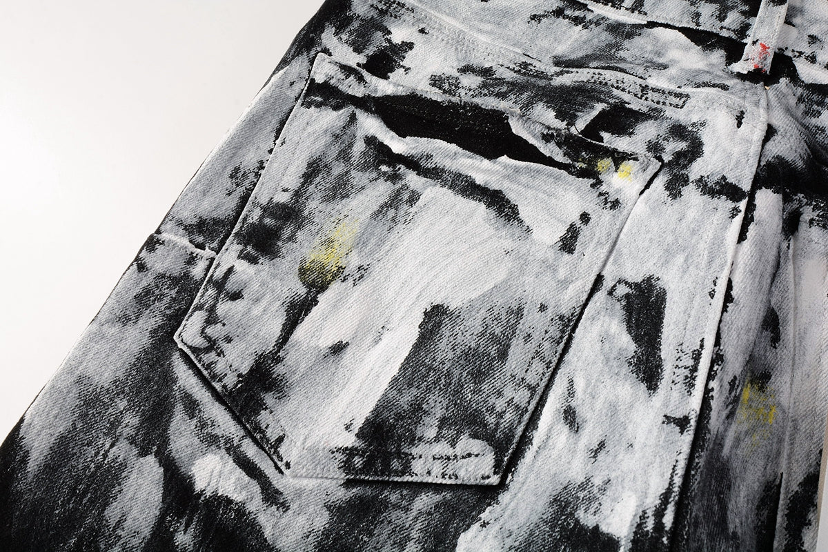 PURPLE Men Streetwear Skinny Jeans Black and White Graffiti Wash with Multi - Color Paint Accents 9020