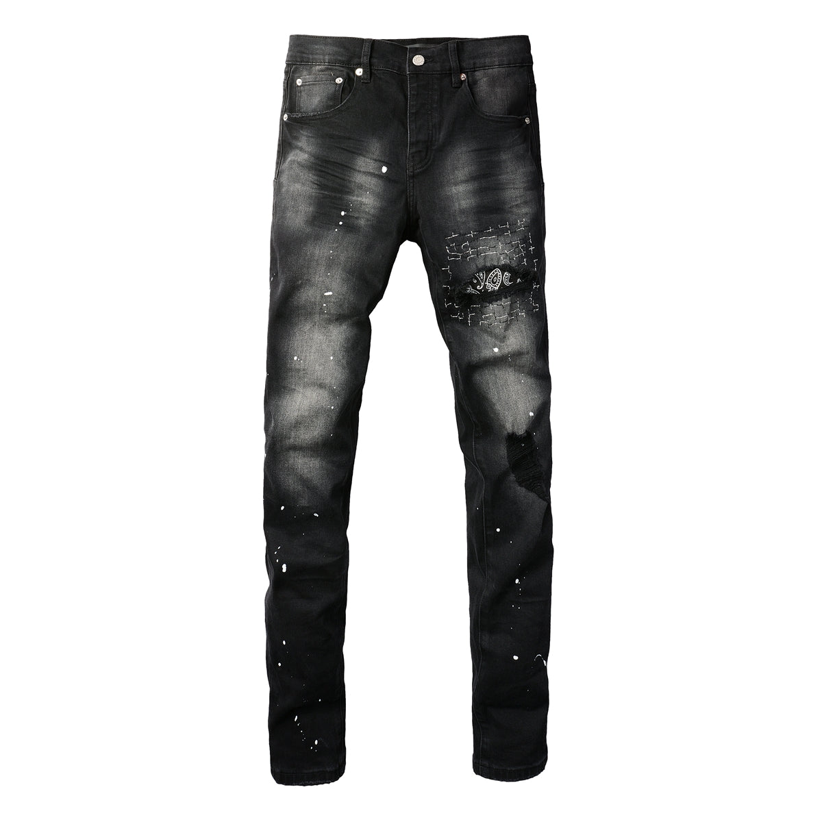 PURPLE Men Streetwear Jeans Distressed Black Paint Splash Patch Ripped skinny 9099