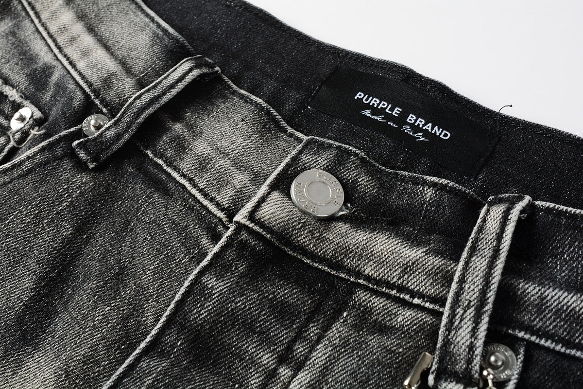 PURPLE Men Streetwear Denim Shorts Grey Black Wash with Leopard Print Ripped Details and Raw Hem 5068
