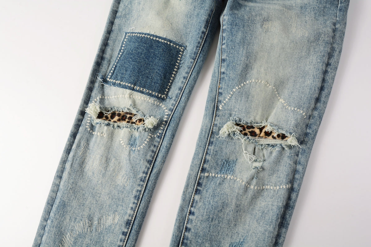 PURPLE Men Streetwear Jeans Distressed Light Blue Patch Leopard Ripped skinny 9095