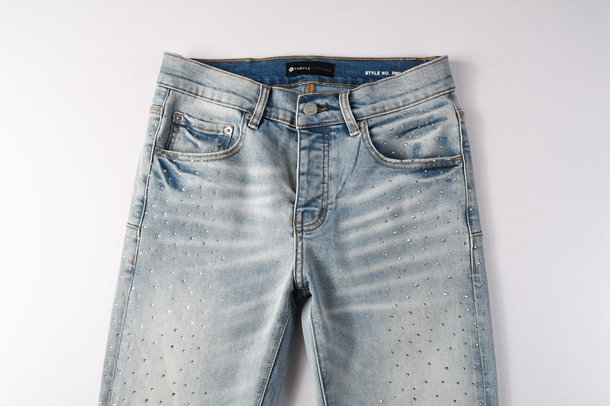 PURPLE Men Streetwear Skinny Jeans Light Blue with Rhinestone Studs and Distressed Details PU9119