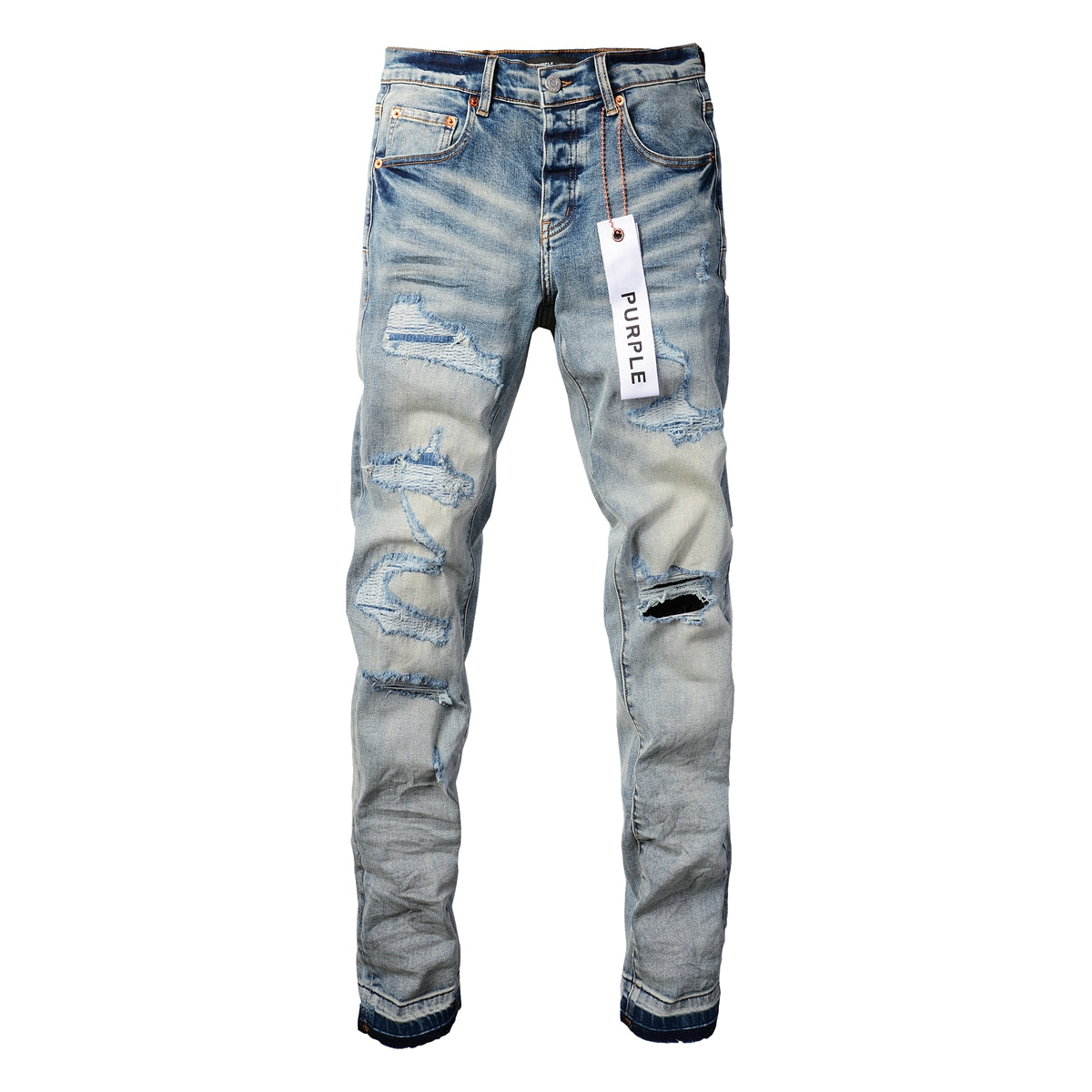 PURPLE Men Streetwear Skinny Jeans Light Blue Wash with Subtle White Pattern Wash 9013