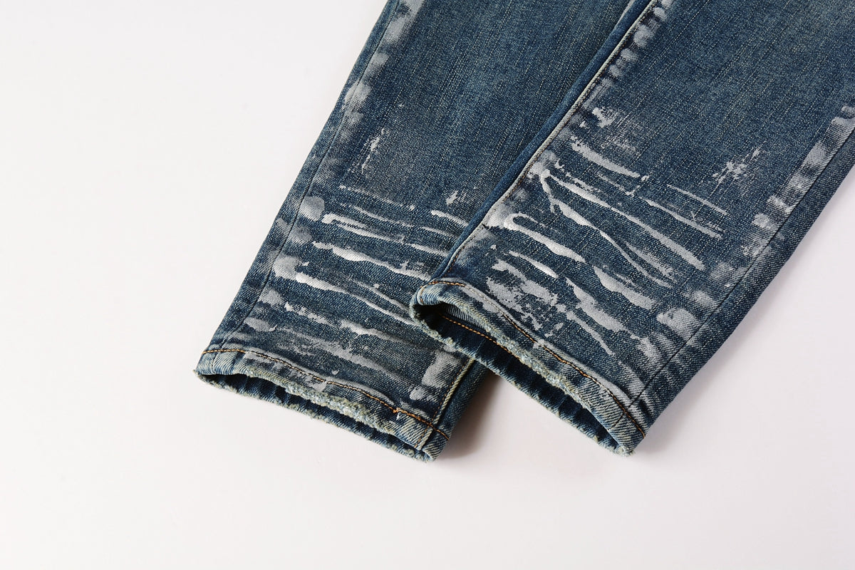 PURPLE Men Streetwear Skinny Jeans Dark Blue Wash with White Brushstroke Distress 9040