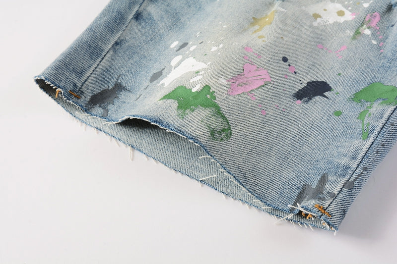 PURPLE Men Streetwear Denim Shorts Light Blue Wash with Colorful Paint Splashes and Distressed Raw Hem 5066