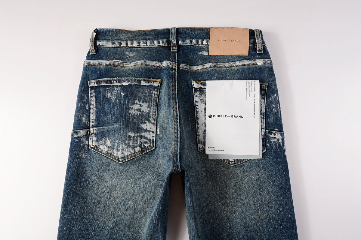 PURPLE Men Streetwear Skinny Jeans Dark Blue Wash with White Brushstroke Distress 9040