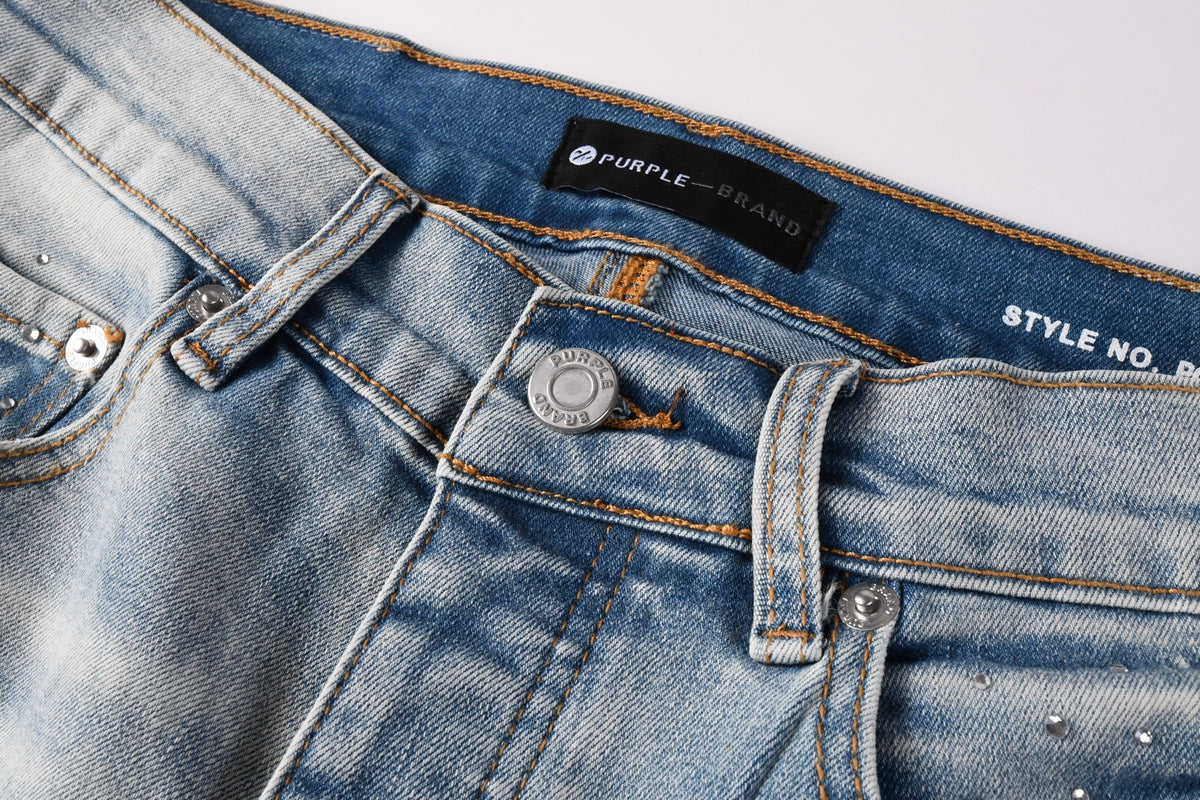 PURPLE Men Streetwear Skinny Jeans Light Blue with Rhinestone Studs and Distressed Details PU9119