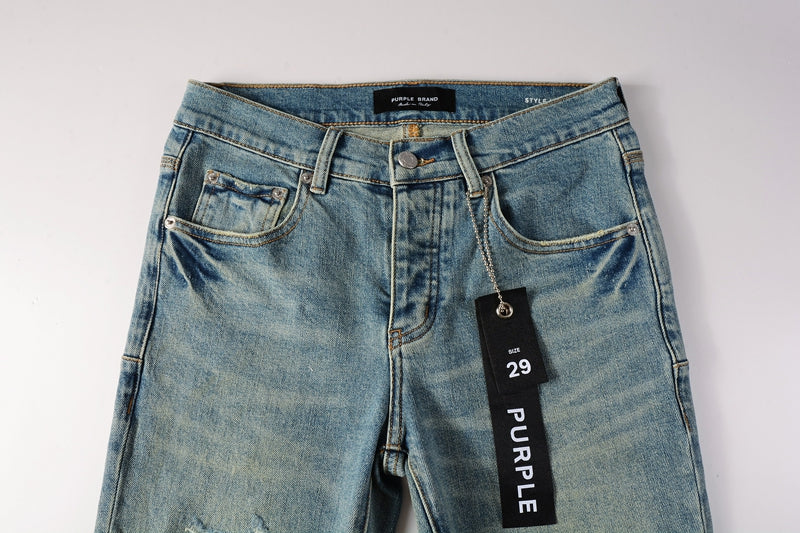 PURPLE Men Streetwear Skinny Jeans Light Blue Wash with Distressed Ripped Knee Details 9076