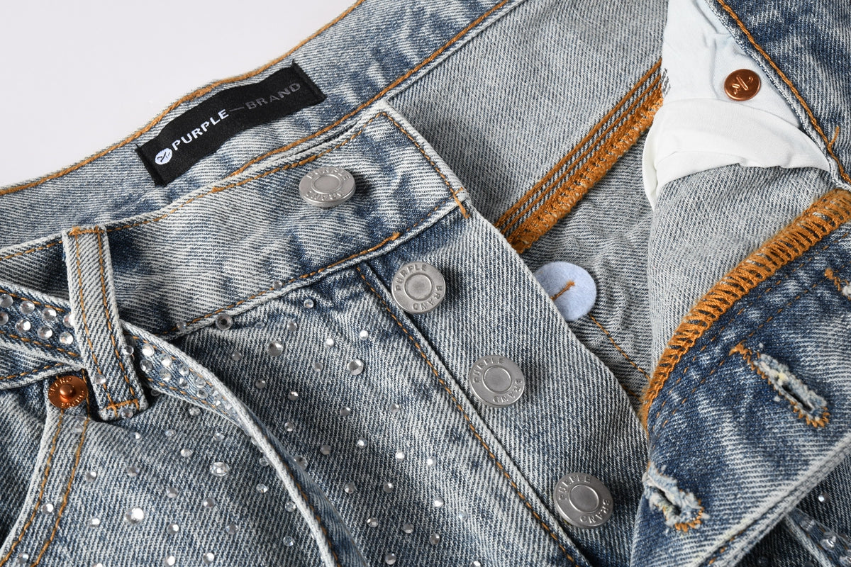PURPLE Men Streetwear Straight Denim Shorts Grey Wash with Rhinestone Speckles and Seam Accents 5096
