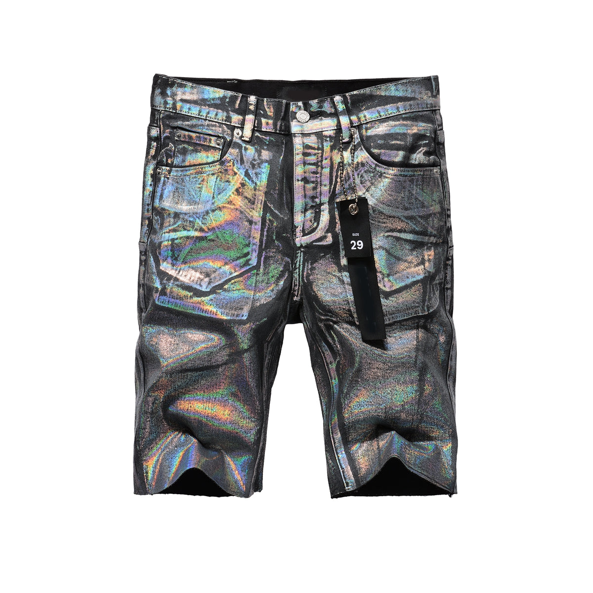 PURPLE Men Streetwear Denim Shorts Black Wash with Holographic Reflective Finish and Raw Hem 5028