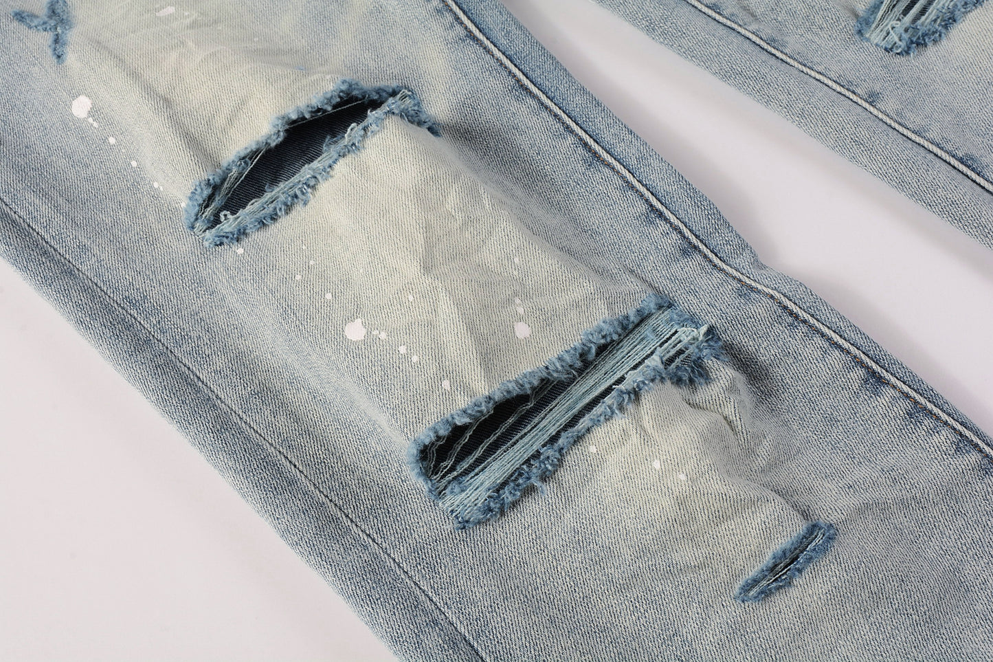 PURPLE Men Streetwear Skinny Jeans Light Blue Wash with Heavy Distressed Rips and White Paint Splatter 9003