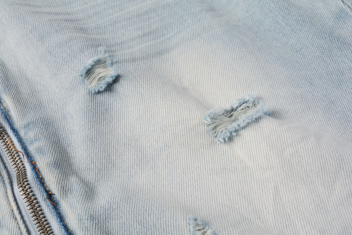 PURPLE Men Streetwear Denim Shorts Light Blue Wash with Side Zipper and Distressed Raw Hem 5086
